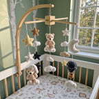 Night Sky Bear Crochet Crib Mobile, Handmade Neutral Nursery Hanging with Moon, Stars, Clouds and Hot Air Balloon