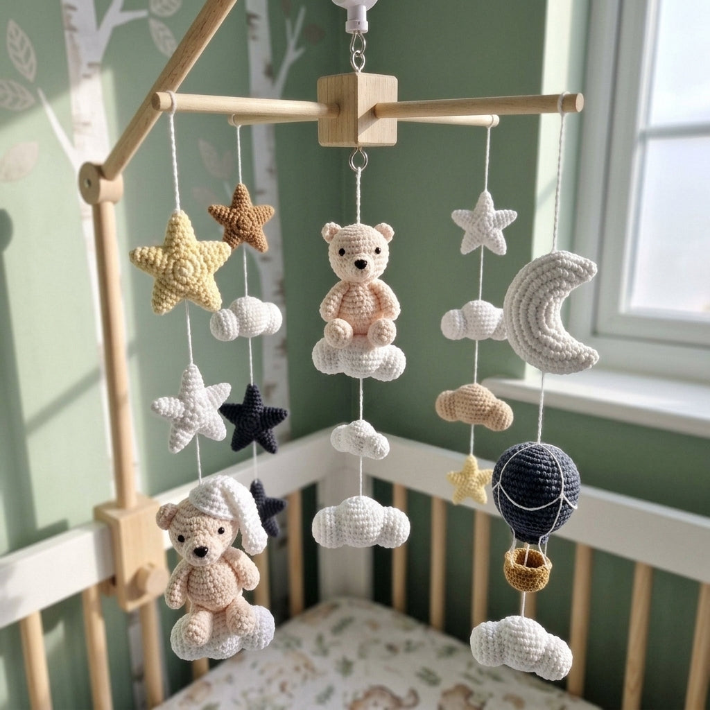 Night Sky Bear Crochet Crib Mobile, Handmade Neutral Nursery Hanging with Moon, Stars, Clouds and Hot Air Balloon