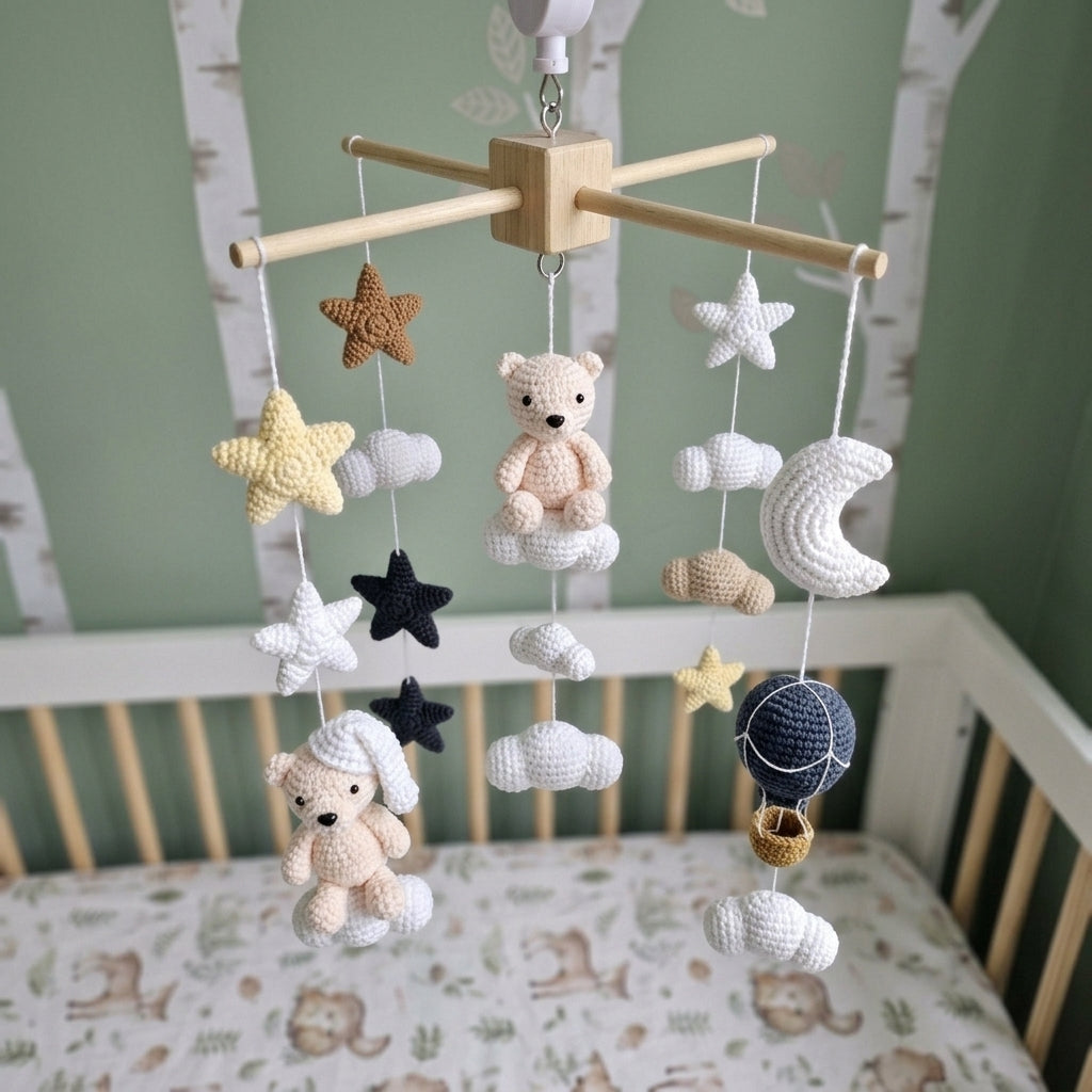 Night Sky Bear Crochet Crib Mobile, Handmade Neutral Nursery Hanging with Moon, Stars, Clouds and Hot Air Balloon