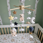 Night Sky Bear Crochet Crib Mobile, Handmade Neutral Nursery Hanging with Moon, Stars, Clouds and Hot Air Balloon