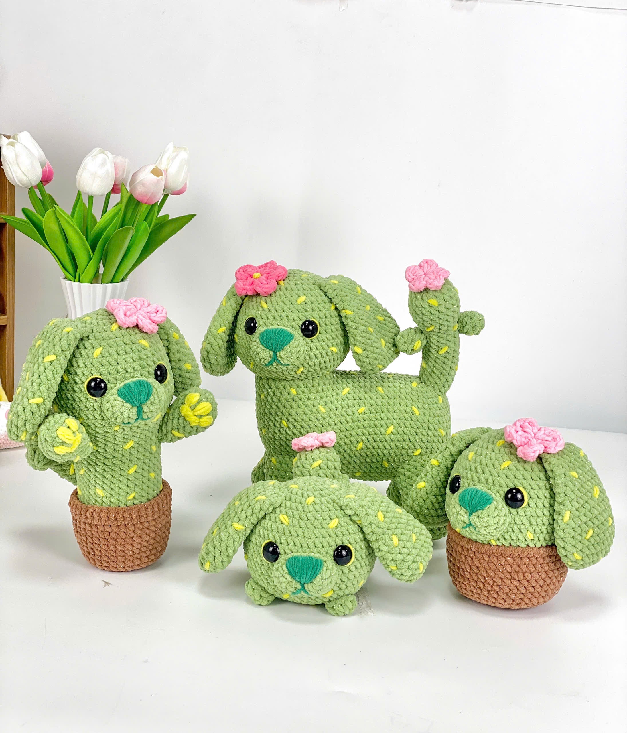 Cactus Dog Crochet Pattern Bundle 4 in 1, Amigurumi Cactus Dog Plush Toy, Crochet Dog with Flowers