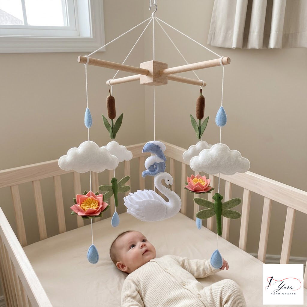 Serene Pond Felt Baby Mobile, Handmade Swan Crib Hanging with Lotus Flowers, Dragonflies and Raindrops