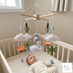 Serene Pond Felt Baby Mobile, Handmade Swan Crib Hanging with Lotus Flowers, Dragonflies and Raindrops