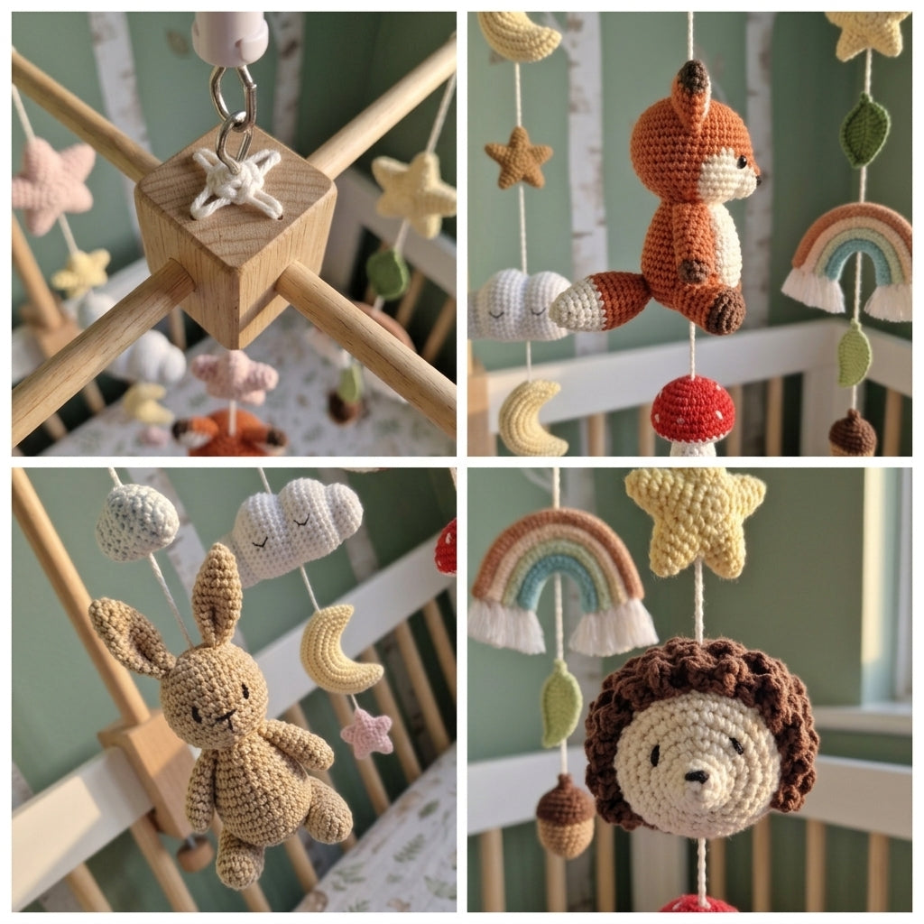 Whimsical Forest Crochet Crib Mobile, Handmade Nursery Hanging with Rainbow, Mushrooms, Moon and Stars