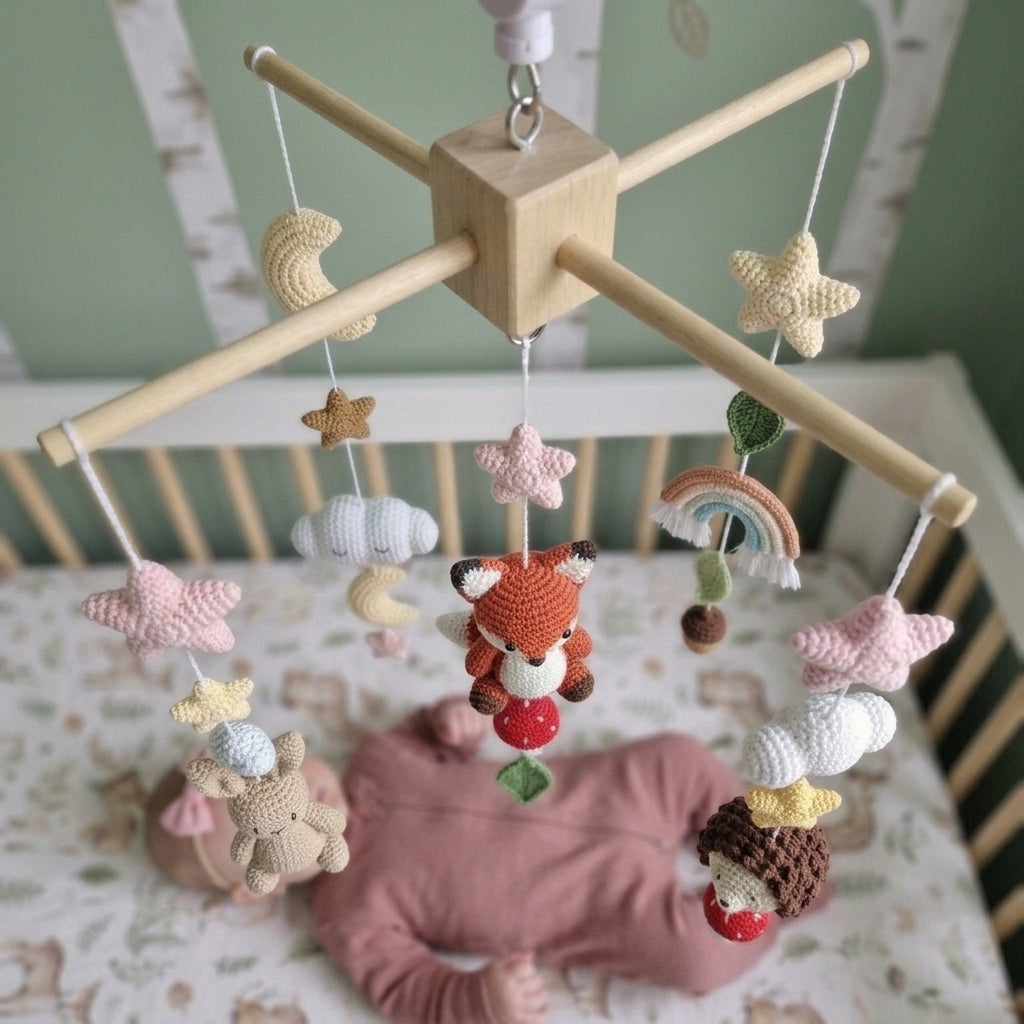 Whimsical Forest Crochet Crib Mobile, Handmade Nursery Hanging with Rainbow, Mushrooms, Moon and Stars