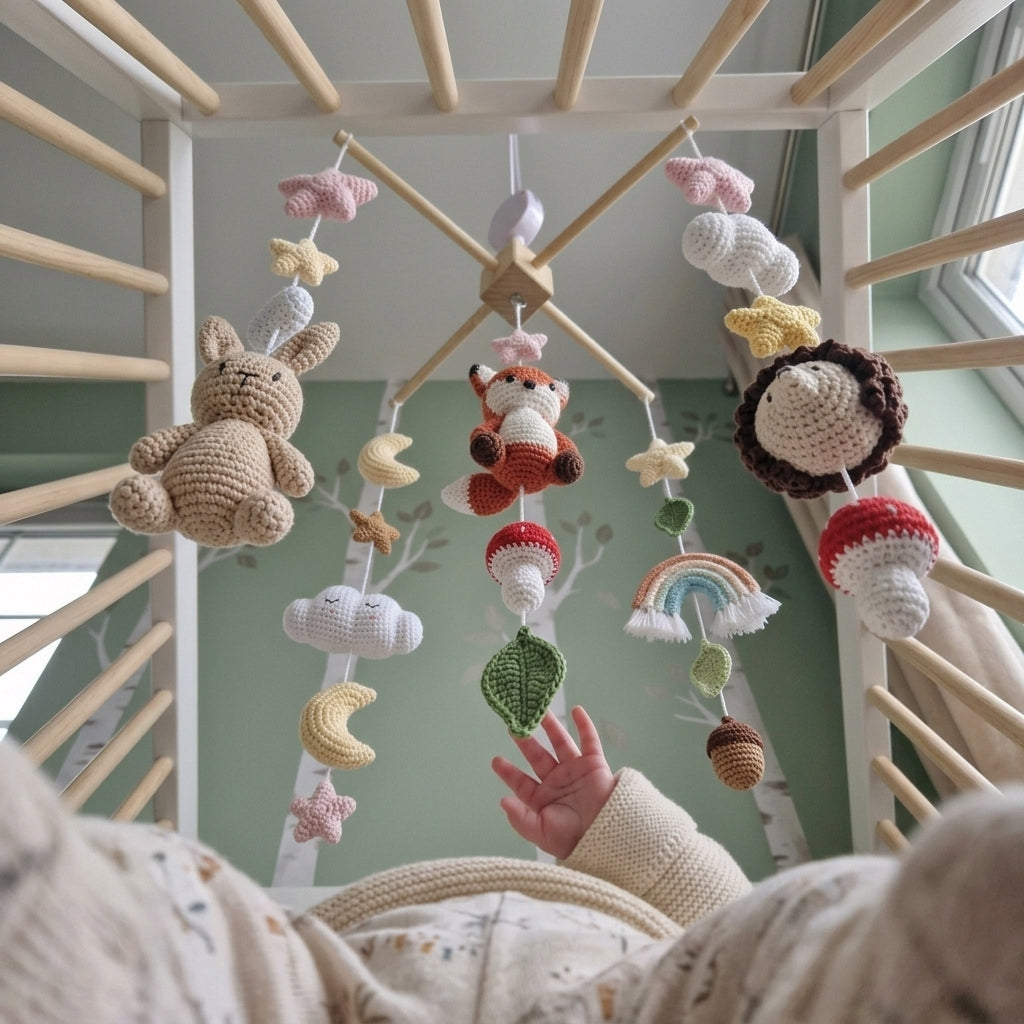 Whimsical Forest Crochet Crib Mobile, Handmade Nursery Hanging with Rainbow, Mushrooms, Moon and Stars