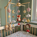 Whimsical Forest Crochet Crib Mobile, Handmade Nursery Hanging with Rainbow, Mushrooms, Moon and Stars