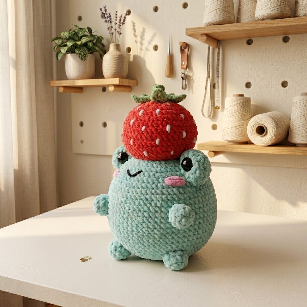 Frog Crochet Pattern, Cute Frog Wearing Strawberry Hat Amigurumi Tutorial