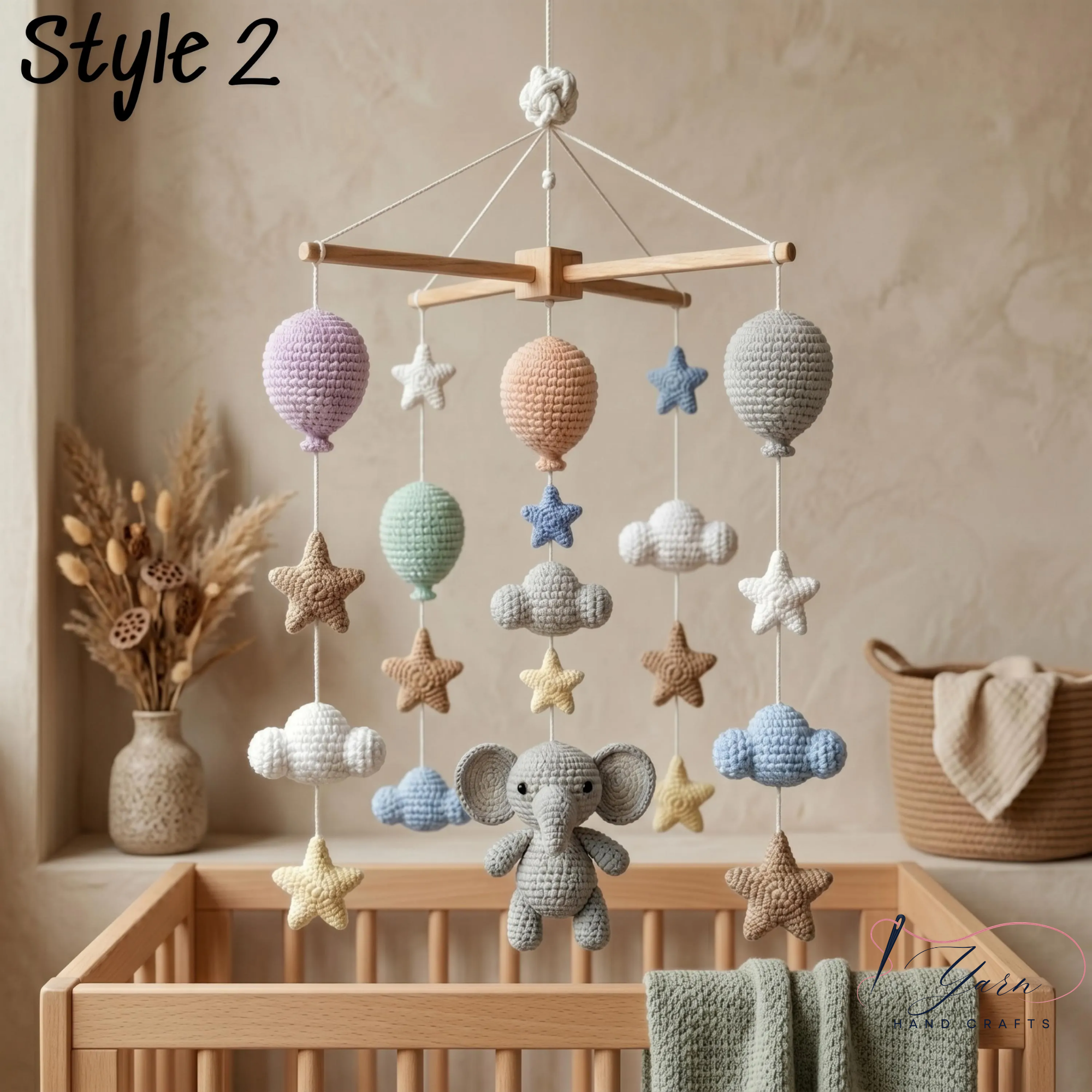 Handmade Elephant Baby Mobile, Crochet Hot Air Balloon Crib Mobile, Neutral Nursery Decor, Cloud & Star Baby Mobile, Baby Shower Gift