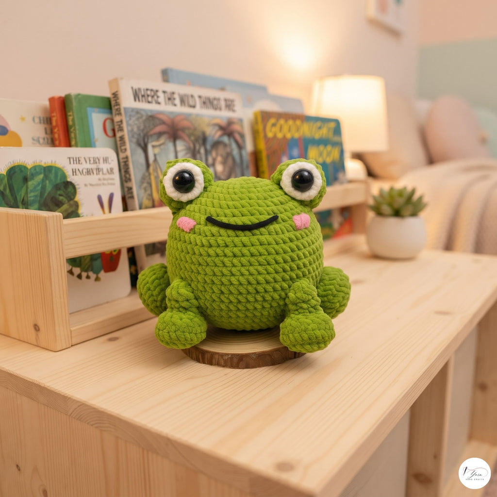 A green crocheted plush frog toy with large white eyes and pink cheeks sits on a light wood table in a cozy, softly lit room with children's books and a lamp in the background.