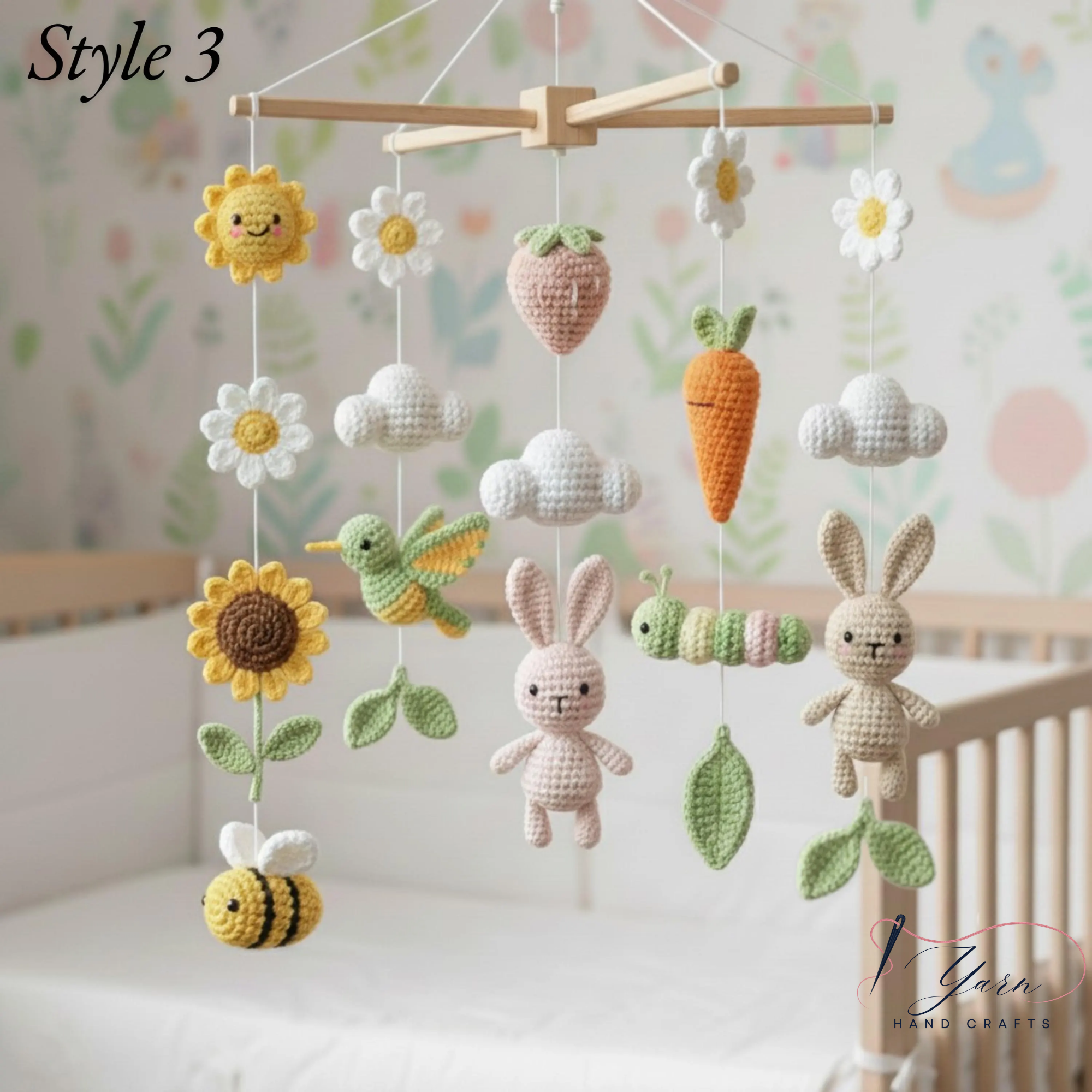 Handmade Floral Bunny Baby Mobile, Crochet Nursery Mobile with Rabbits, Flowers, Bees & Fruits, Spring Crib Mobile, Baby Shower Gift