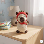 A crocheted plush bear toy wearing a red strawberry hat and red scarf, standing on a light wood table in a softly lit room with a lamp and books in the background.