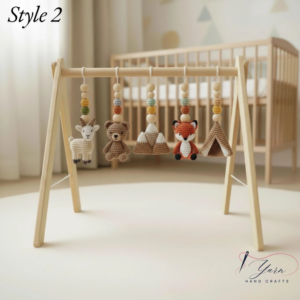 Handmade Custom Baby Gym, Wooden Montessori Play Gym with Crochet Forest Animals, Neutral Nursery Decor, Baby Shower Gift