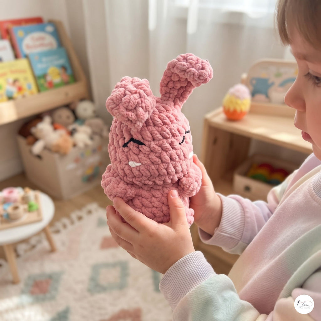 Crochet Easter Bunny Plush with Egg, Handmade Pink Amigurumi Rabbit, Soft Chenille Stuffed Animal, Easter Basket Gift