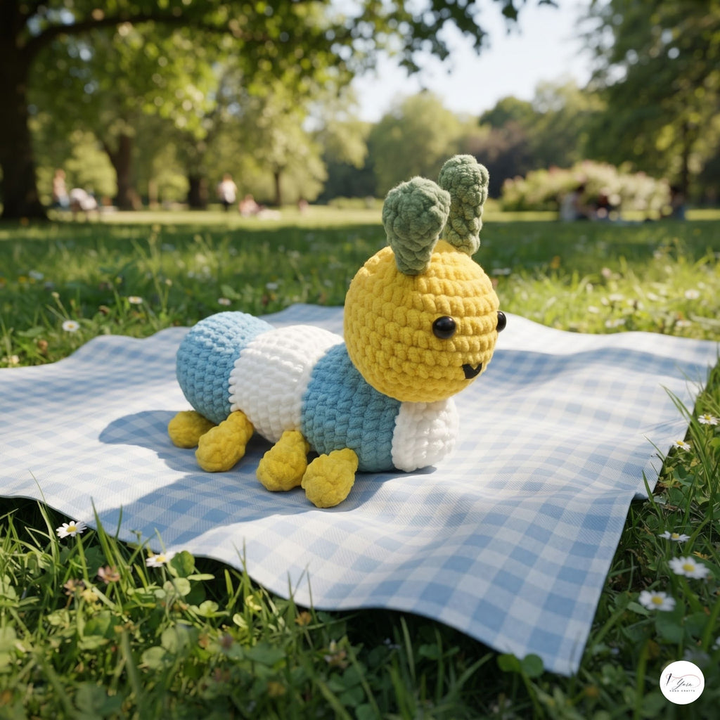 Crochet Bee Plush, Handmade Blue Yellow Amigurumi Bumblebee, Soft Stuffed Insect Toy, Bee Lover Gift, Garden Nursery Decor