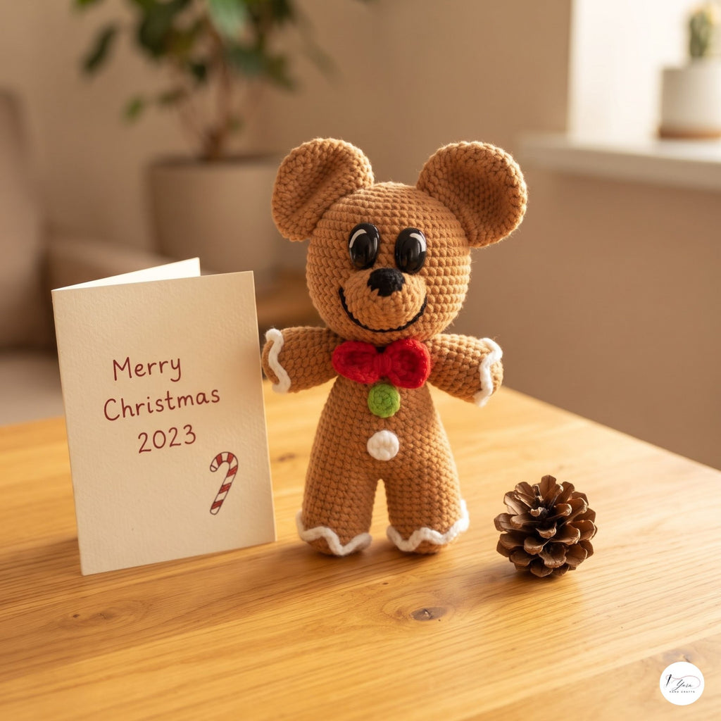 Crochet Gingerbread Bear Plush, Handmade Christmas Amigurumi Teddy, Holiday Stuffed Animal, Stocking Stuffer, Festive Decor