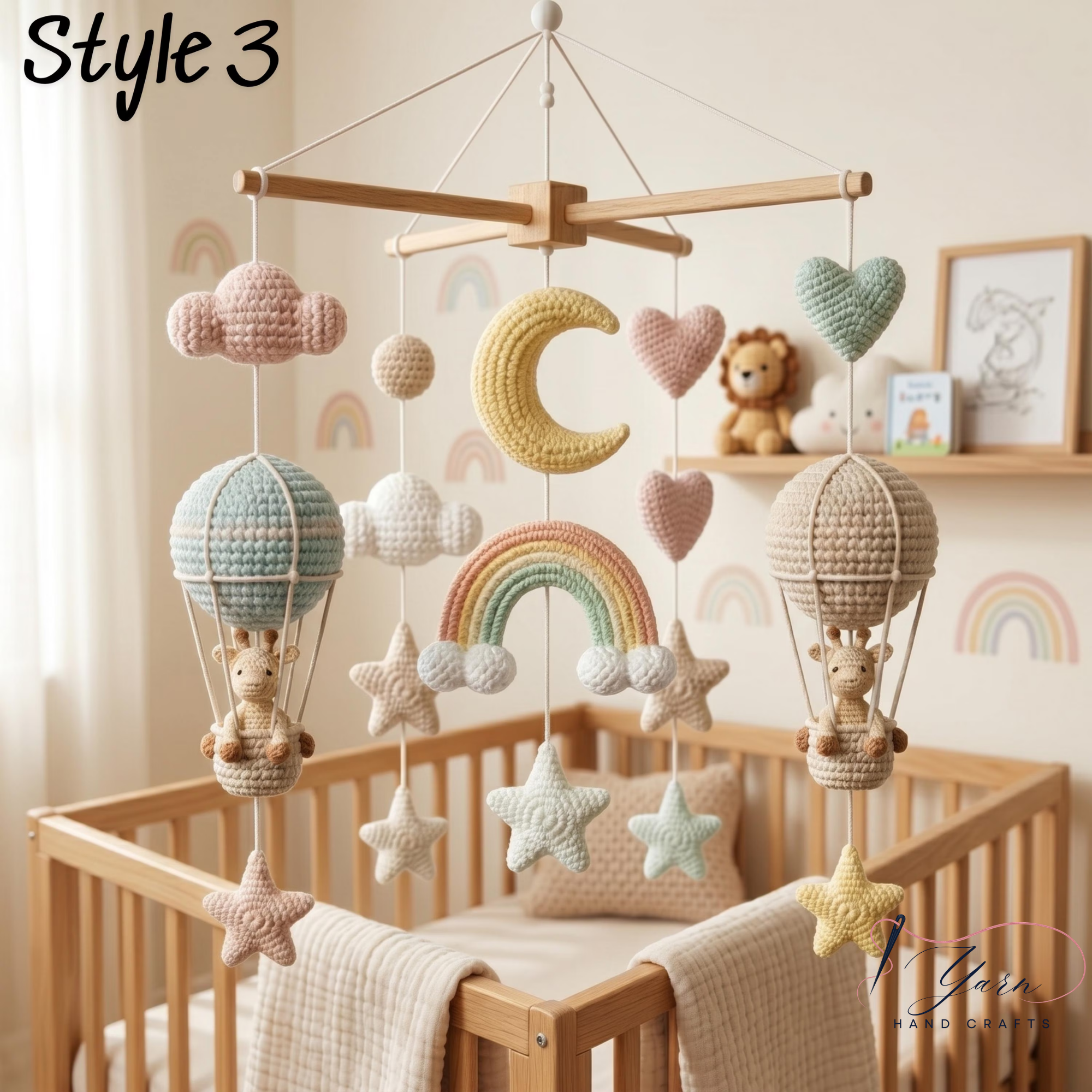 Handmade Giraffe Baby Mobile, Crochet Crib Mobile, Hot Air Balloon Nursery Decor, Rainbow Moon Cloud Mobile, Neutral Baby Shower Gift