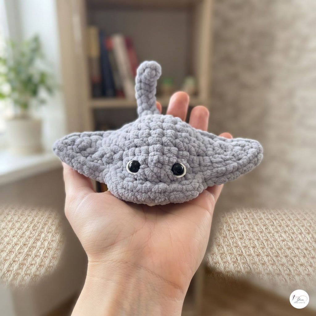 Crochet Stingray Plush, Handmade Gray Manta Ray Amigurumi, Soft Ocean Animal Stuffed Toy, Sea Life Gift, Nursery Decor