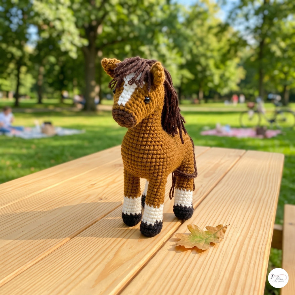A crocheted toy horse with a brown body, dark brown mane, white blaze on its face, and white lower legs with dark hooves, standing on a wooden picnic table in a sunny park with blurred green trees and people in the background.