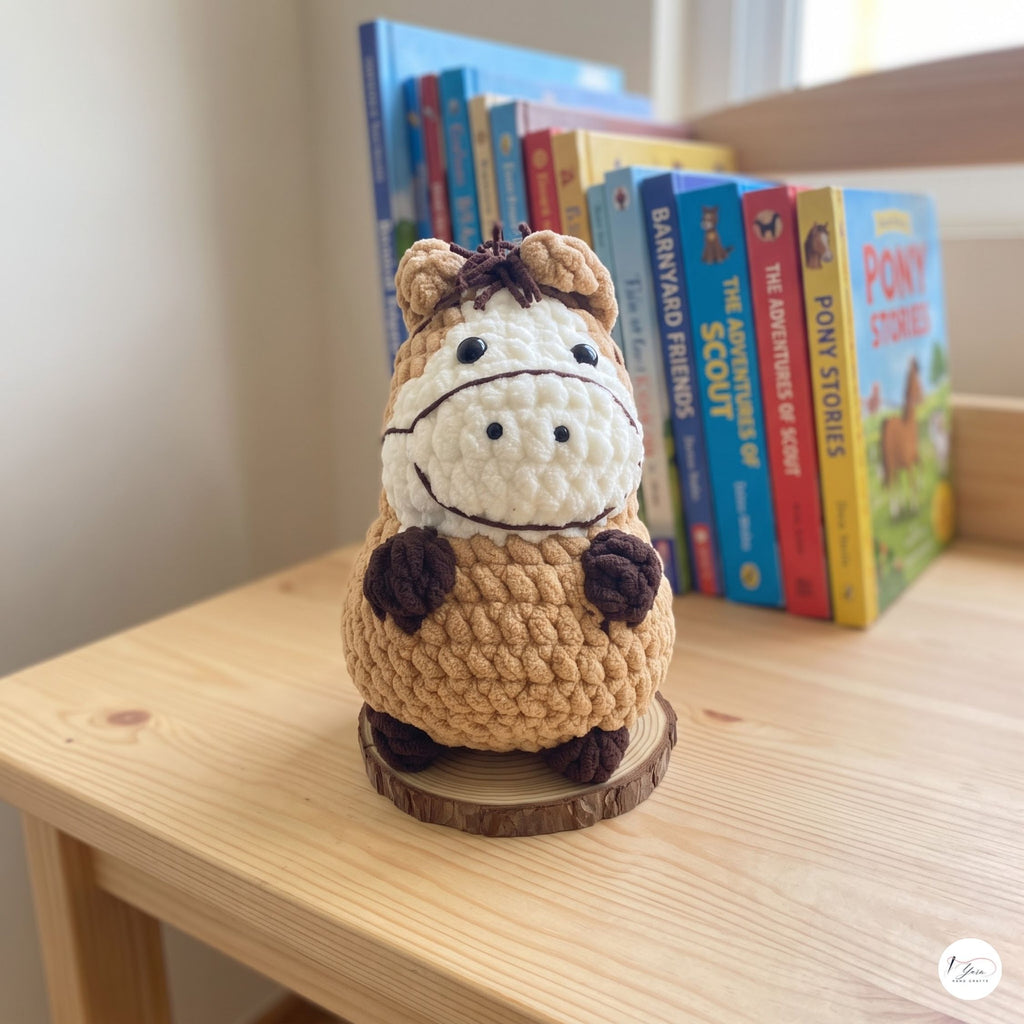 A crocheted plush horse toy sits on a small round wooden base on a light wood table, with children's books standing behind it in a softly lit indoor setting.