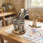 A crocheted zebra toy standing on a round wooden base, displayed on a wooden table in a child's room with drawing supplies and a drawing sheet nearby.