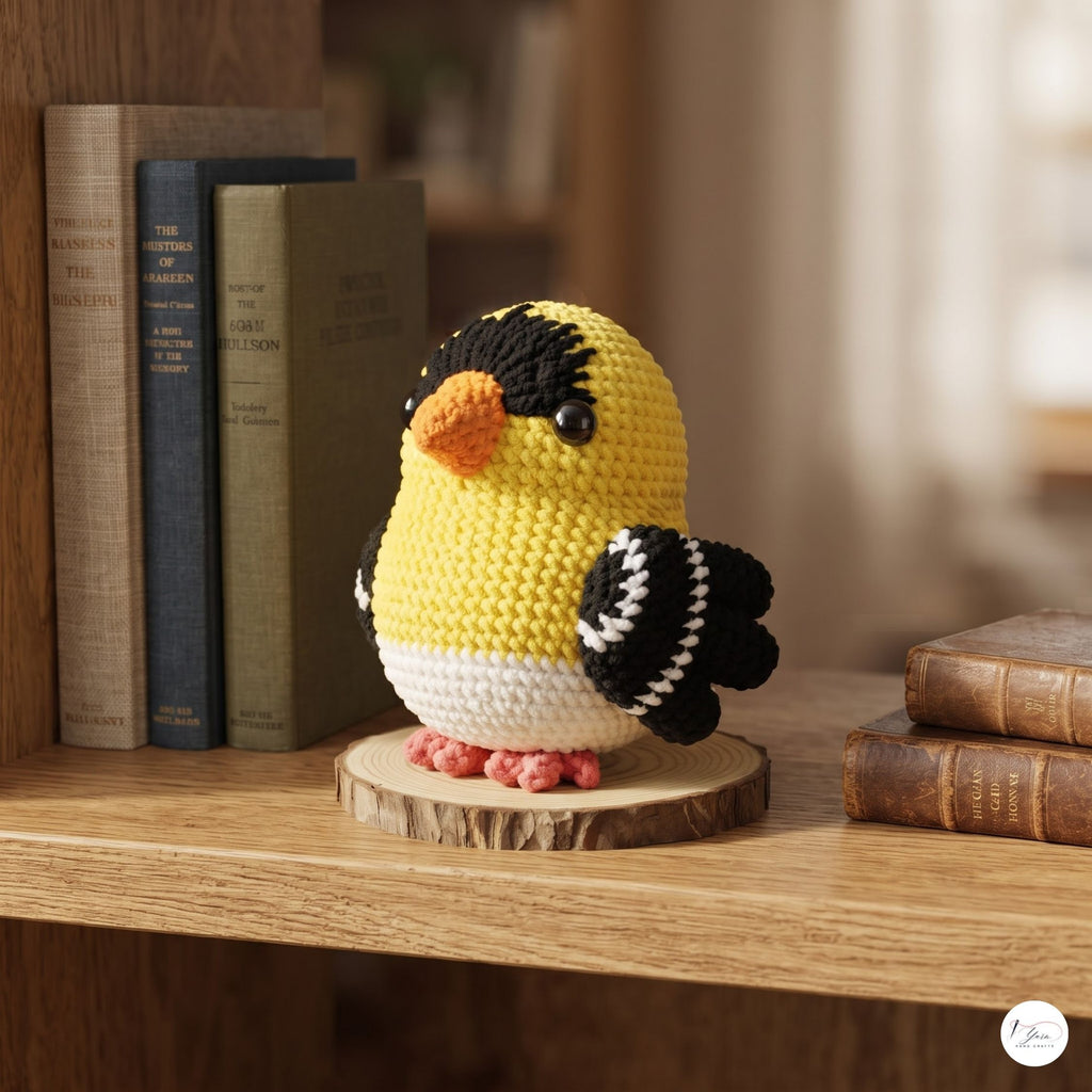 A crocheted goldfinch bird ornament displayed on a wooden slice stand on a wooden shelf, with books in the background.