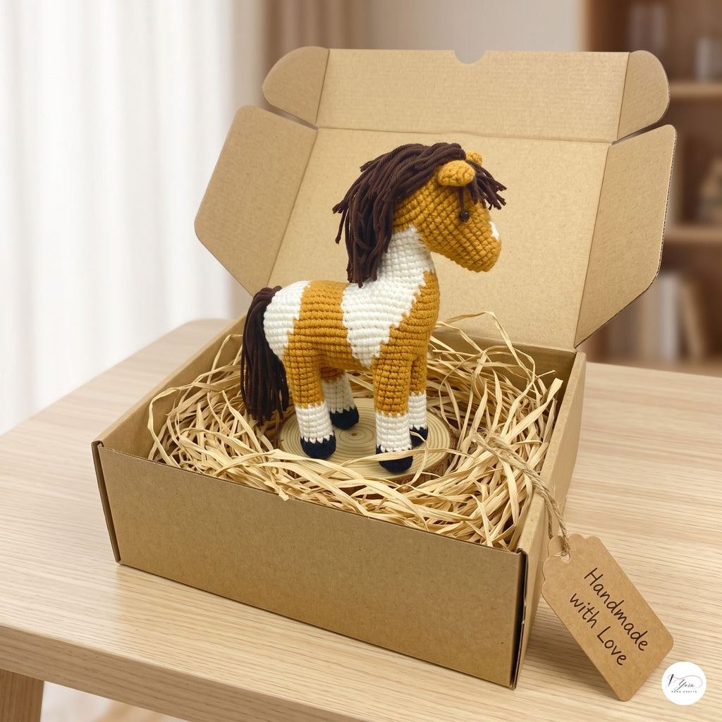 A crocheted toy horse with brown and white yarn stands inside a brown kraft gift box filled with straw on a light wood table. A small tag attached to the box reads 'Handmade with Love'.