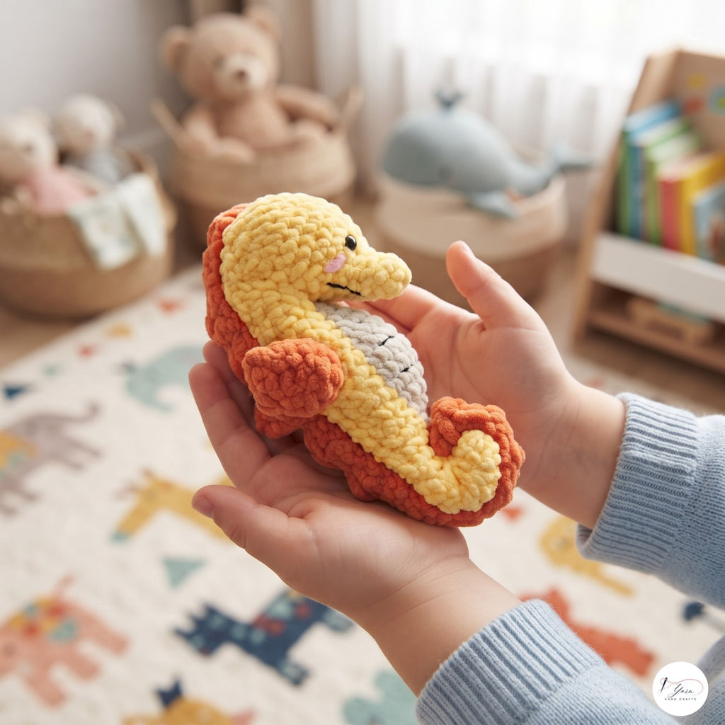 Handmade Crochet Seahorse Plush, Yellow Orange Amigurumi Sea Animal, Soft Stuffed Toy, Ocean Nursery Decor, Coastal Gift