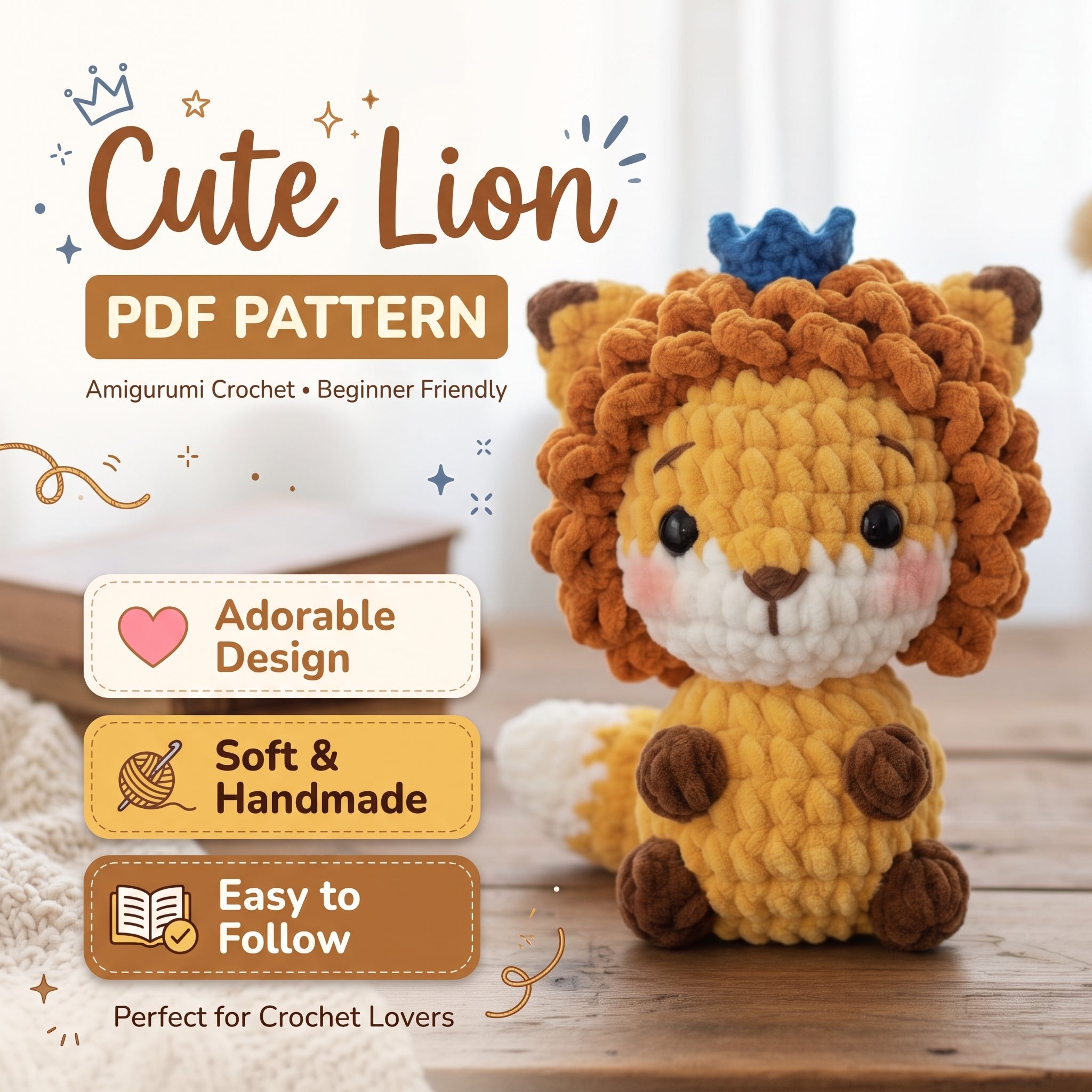Mini Jungle Lion Crochet Pattern PDF – Cute Crown Lion Amigurumi Plush
