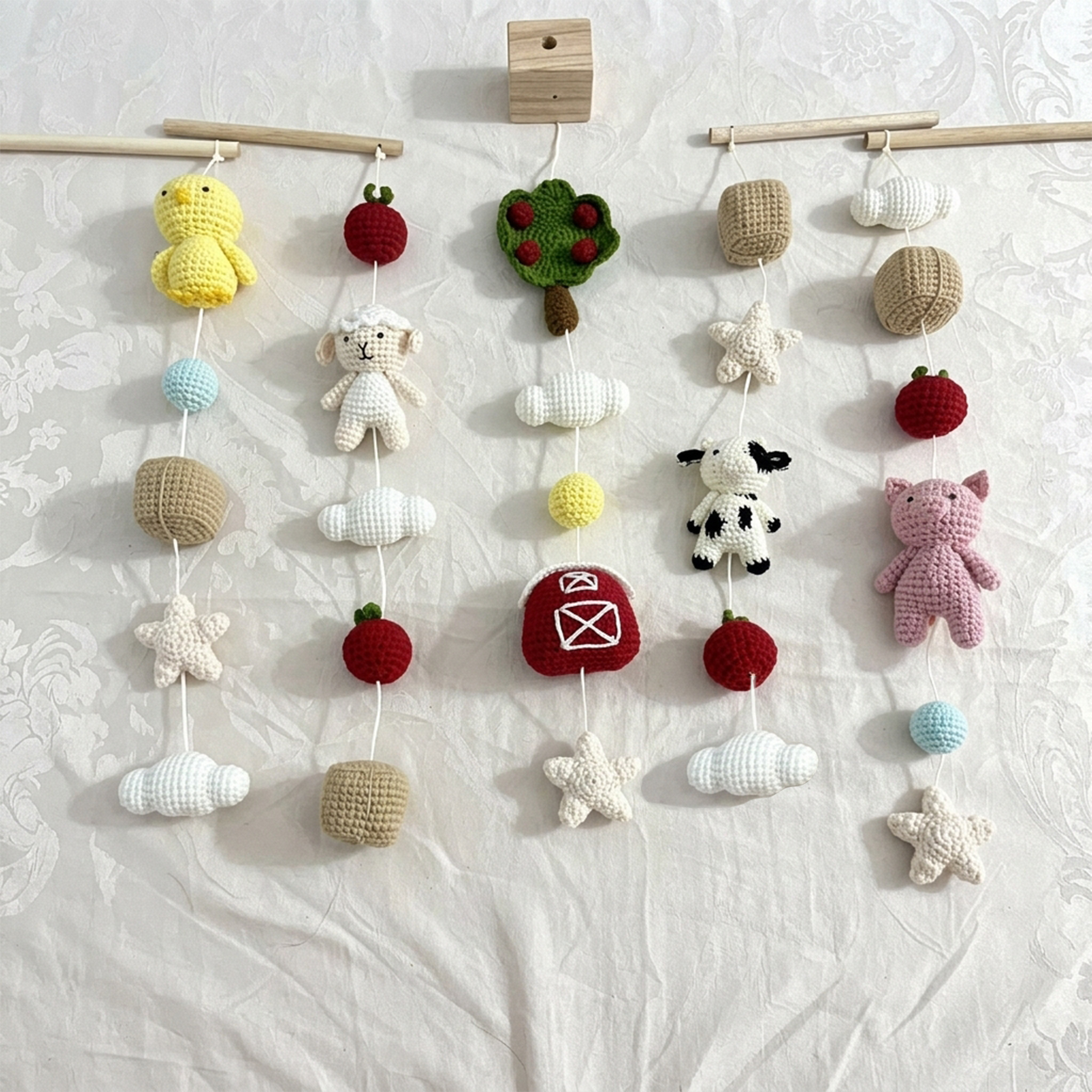 Crochet Farm Baby Mobile, Cow Pig Sheep Chick Nursery Decor, Red Barn Apple Tree Crib Mobile, Baby Shower Gift, Newborn Room Decor