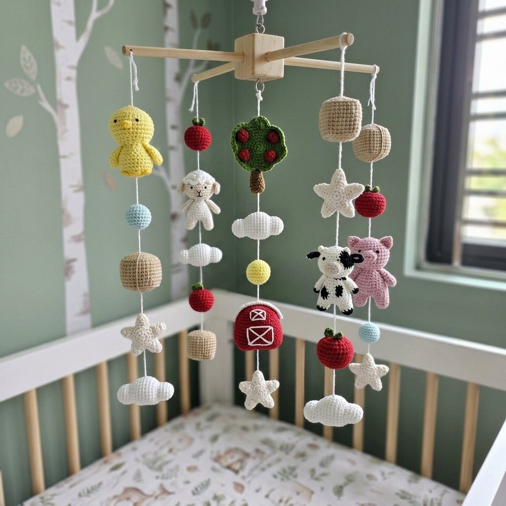 Crochet barnyard baby mobile with chick, sheep, cow, pig, apple tree, barn, stars and clouds