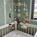 Cozy Forest Friends Crochet Baby Mobile, Handmade Woodland Crib Decor with Moon, Trees and Mushrooms