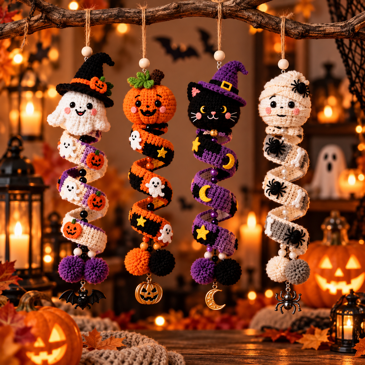 Four crocheted Halloween hanging ornaments displayed on a rustic branch in a cozy, warmly lit fall setting. The ornaments include a white ghost with orange pumpkin accents, an orange jack-o'-lantern, a black cat with purple witch hat and yellow moon details, and a white mummy with black spider accents.