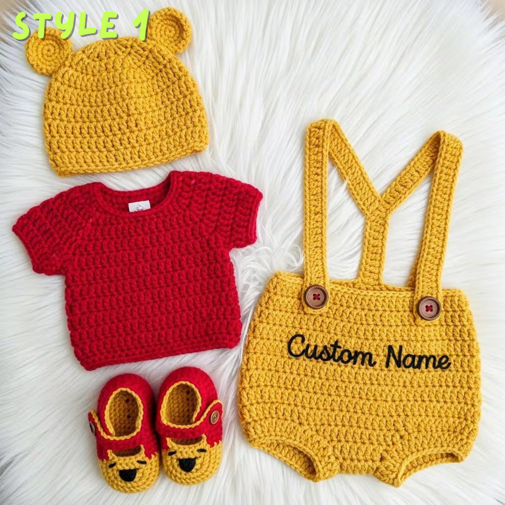 Personalized Crochet Baby Outfit, Winnie the Pooh Tigger or Piglet Romper Set, Hat and Booties, Newborn Photo Prop, Baby Shower Gift