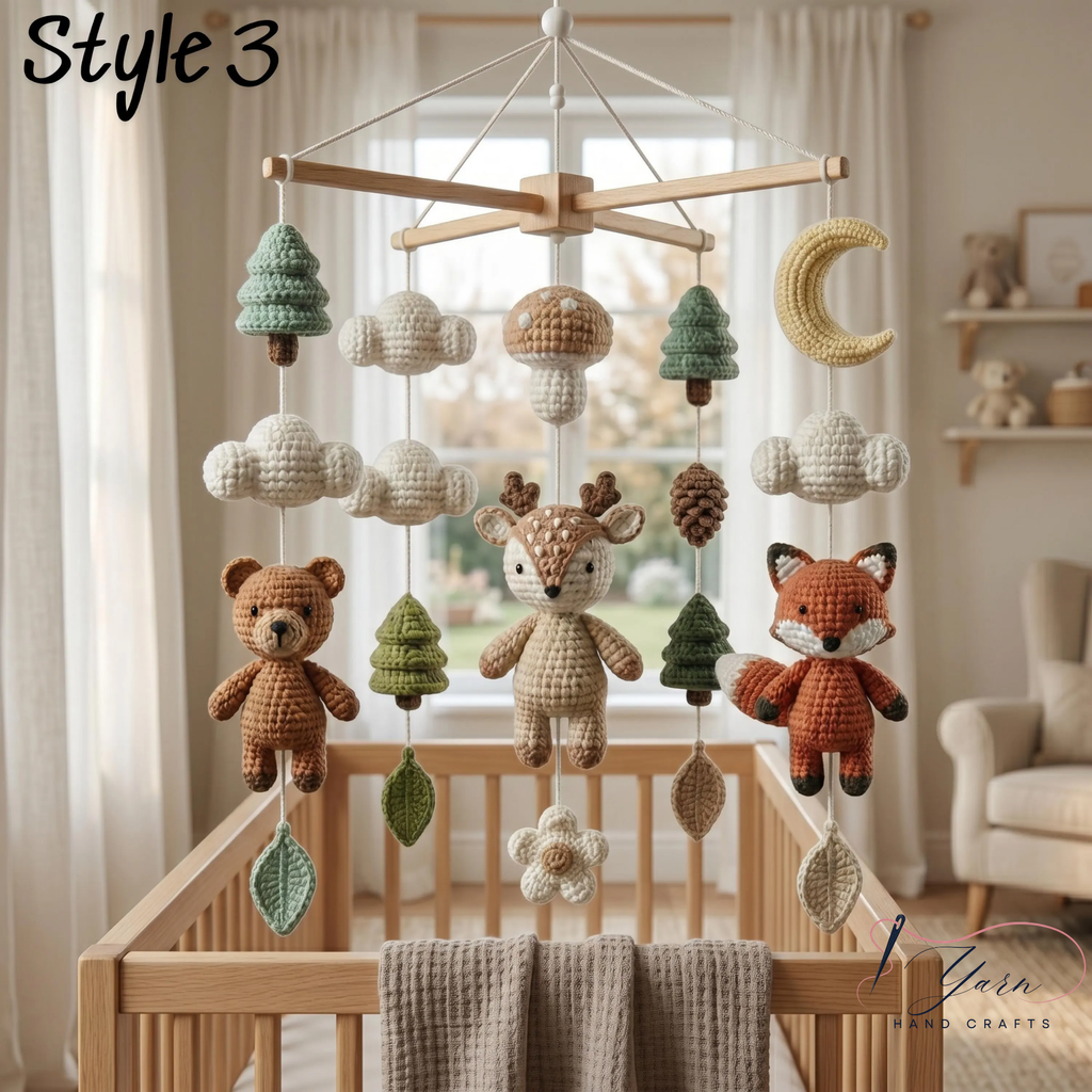 Handmade Woodland Baby Mobile, Crochet Crib Mobile with Bear, Deer & Fox, Forest Animal Nursery Decor, Neutral Baby Mobile, Baby Shower Gift