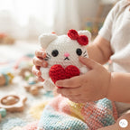A close-up of a person holding a white crocheted cat toy with a red bow and red heart, with a blurred nursery background and soft toys visible.