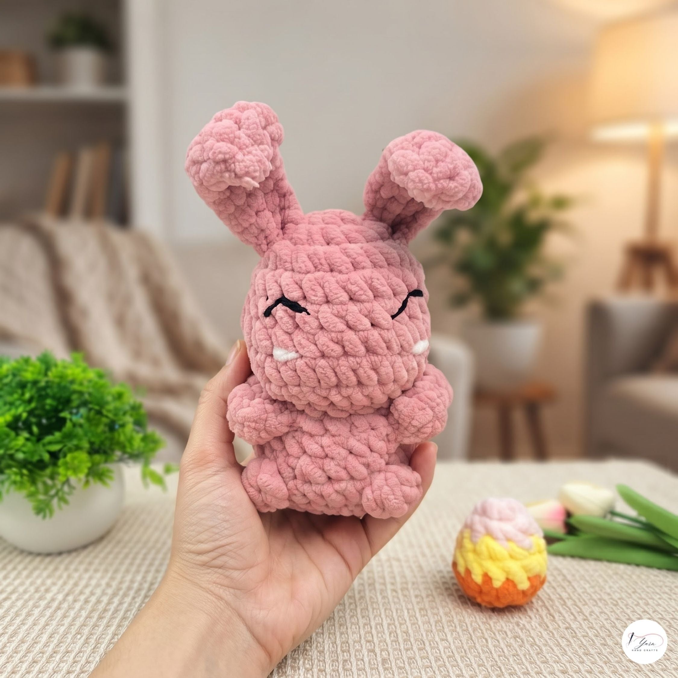Crochet Easter Bunny Plush with Egg, Handmade Pink Amigurumi Rabbit, Soft Chenille Stuffed Animal, Easter Basket Gift