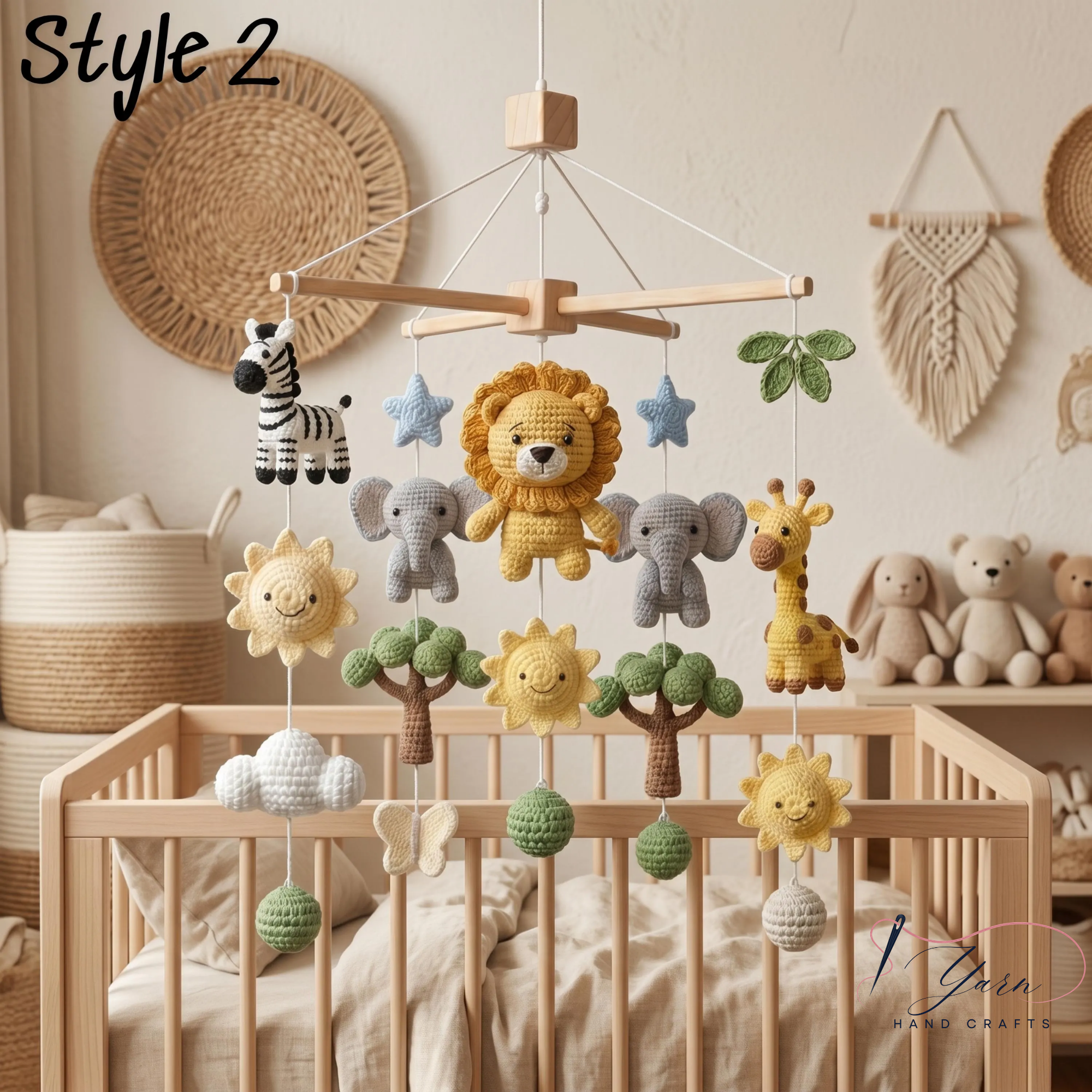 Handmade Safari Baby Mobile, Crochet Jungle Crib Mobile with Lion, Zebra, Giraffe & Elephant, Neutral Nursery Decor, Baby Shower Gift