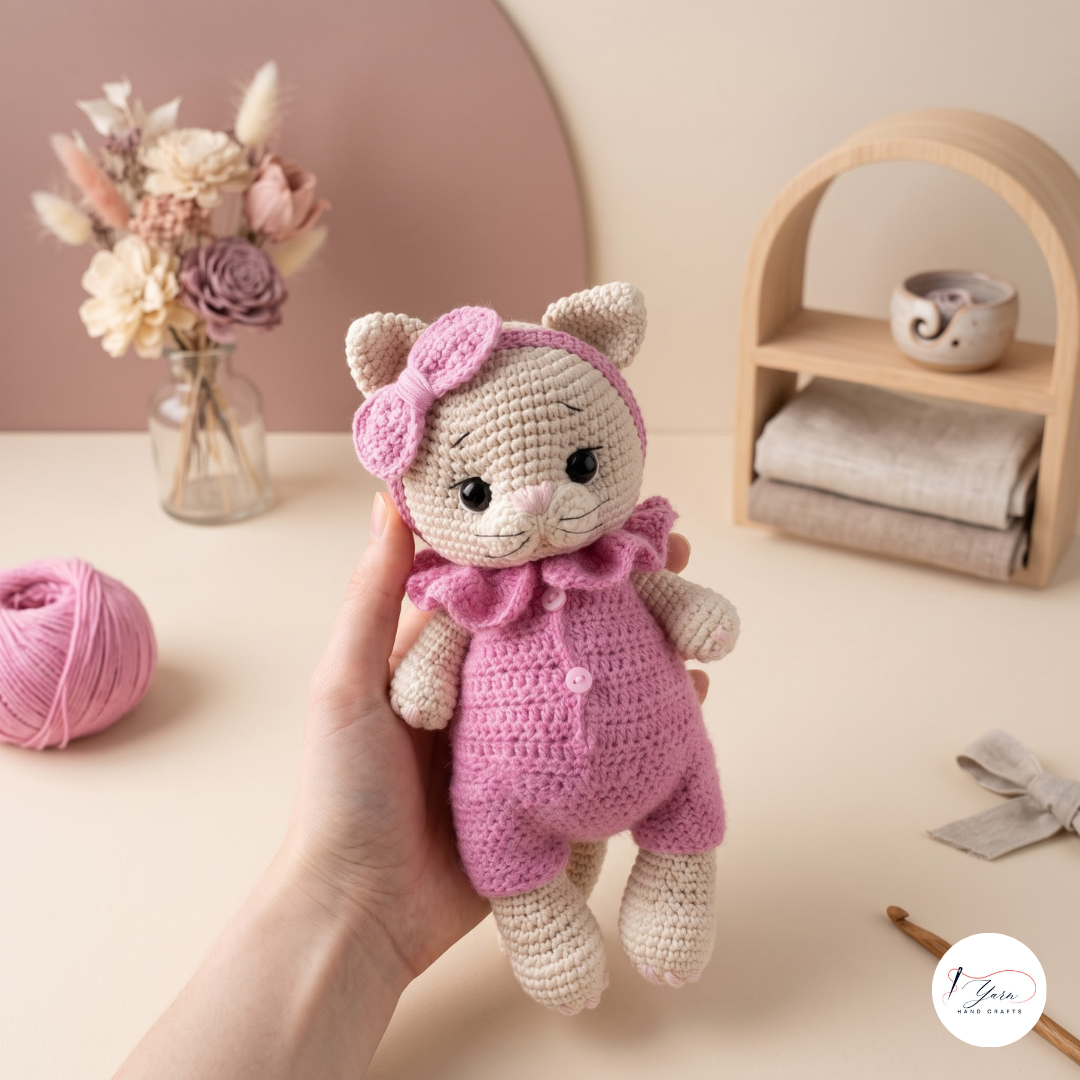 Kitten Crochet Pattern PDF, Cat Doll with Jumpsuit and Bow Amigurumi