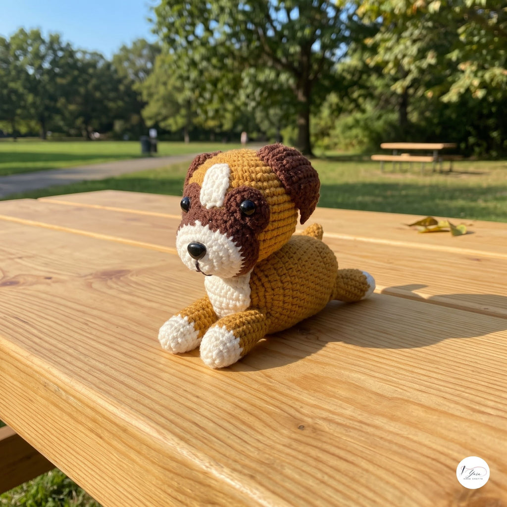 A crocheted plush dog toy sits on a wooden picnic table outdoors, with a park and trees blurred in the background.