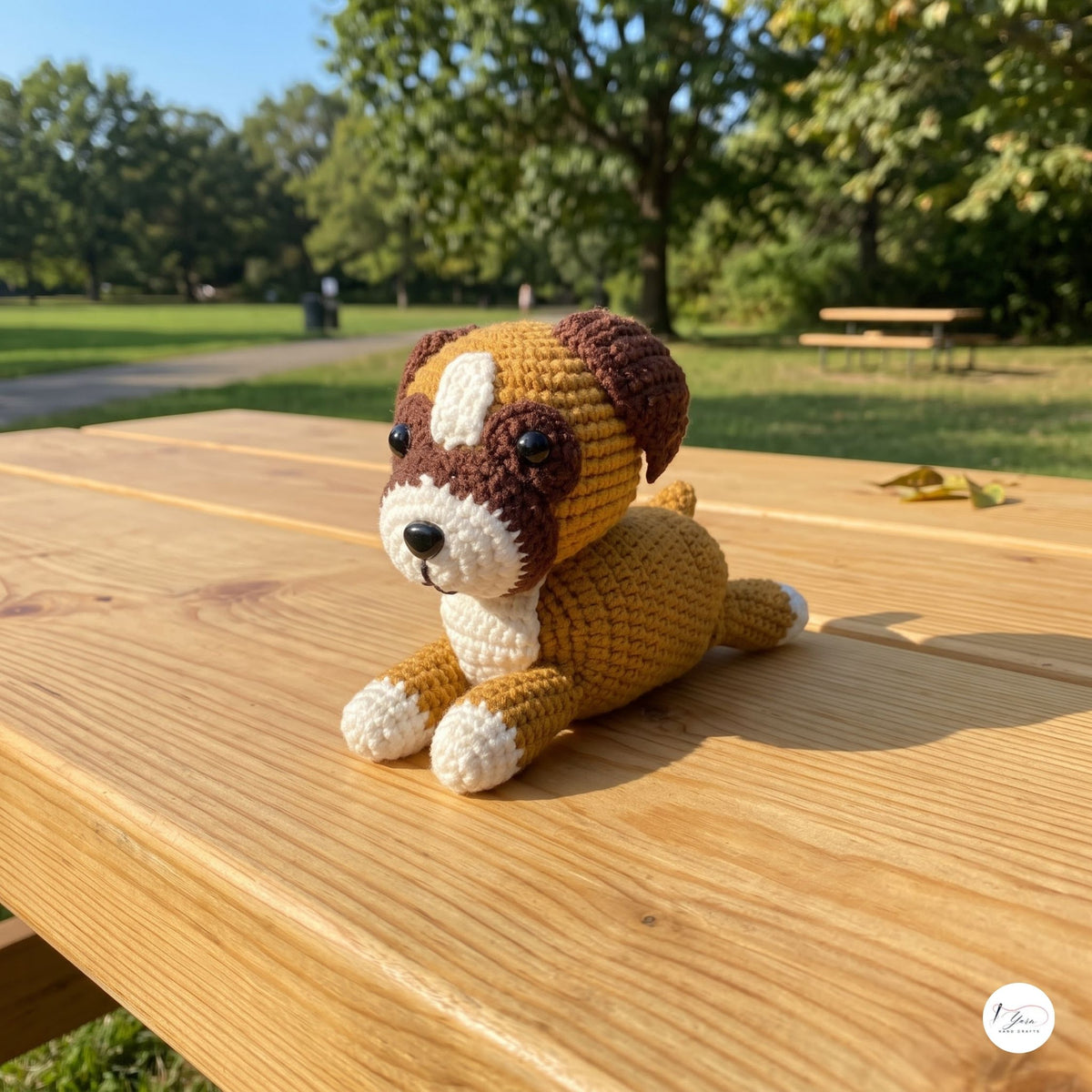 A crocheted plush dog toy sits on a wooden picnic table outdoors, with a park and trees blurred in the background.