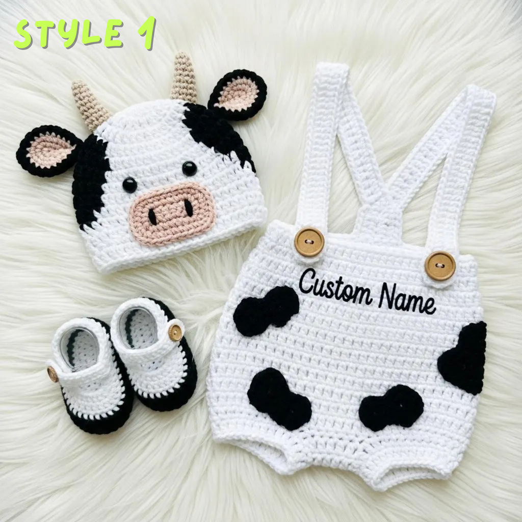 Personalized Crochet Baby Animal Outfit, Sheep Bunny or Cow Romper Set with Hat and Booties, Newborn Photo Prop, Baby Shower Gift