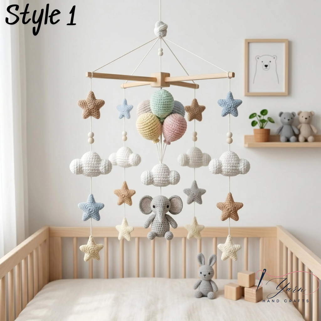 Handmade Elephant Baby Mobile, Crochet Hot Air Balloon Crib Mobile, Neutral Nursery Decor, Cloud & Star Baby Mobile, Baby Shower Gift