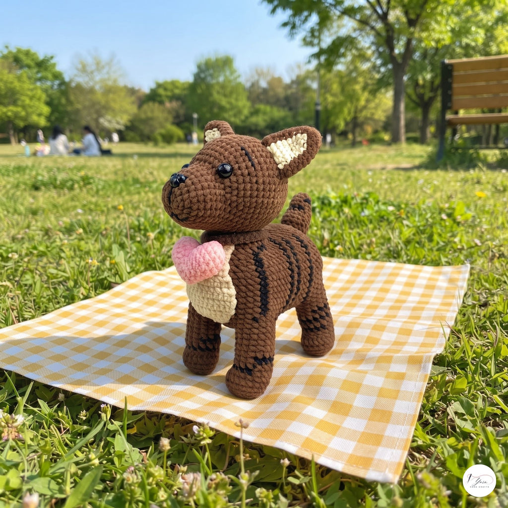 A crocheted dog toy holding a pink ice cream cone stands on a yellow-and-white checkered blanket on grass in a sunny park.