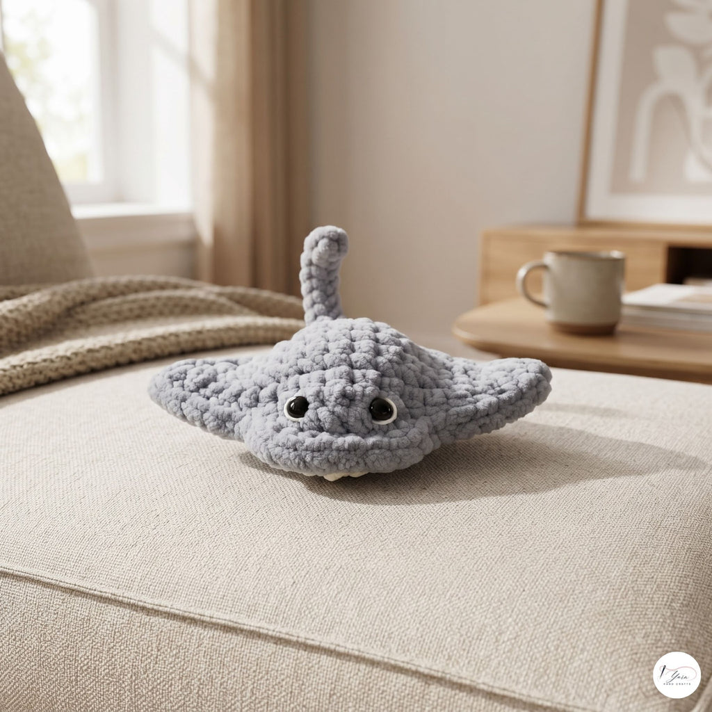 Crochet Stingray Plush, Handmade Gray Manta Ray Amigurumi, Soft Ocean Animal Stuffed Toy, Sea Life Gift, Nursery Decor