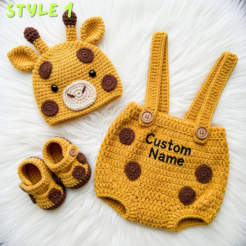 Personalized Crochet Safari Baby Outfit, Zebra Deer Giraffe Romper Set with Hat and Booties, Newborn Photo Prop, Baby Shower Gift