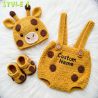 Personalized Crochet Safari Baby Outfit, Zebra Deer Giraffe Romper Set with Hat and Booties, Newborn Photo Prop, Baby Shower Gift