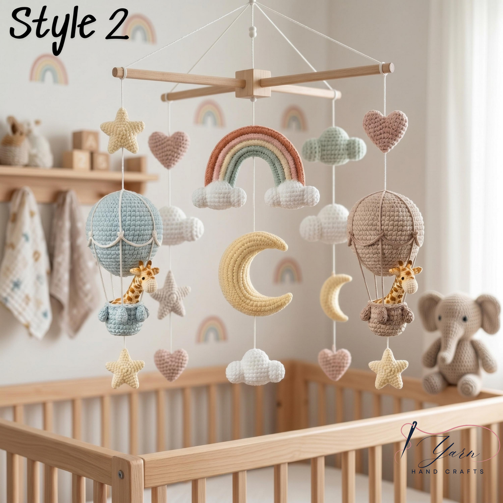 Handmade Giraffe Baby Mobile, Crochet Crib Mobile, Hot Air Balloon Nursery Decor, Rainbow Moon Cloud Mobile, Neutral Baby Shower Gift