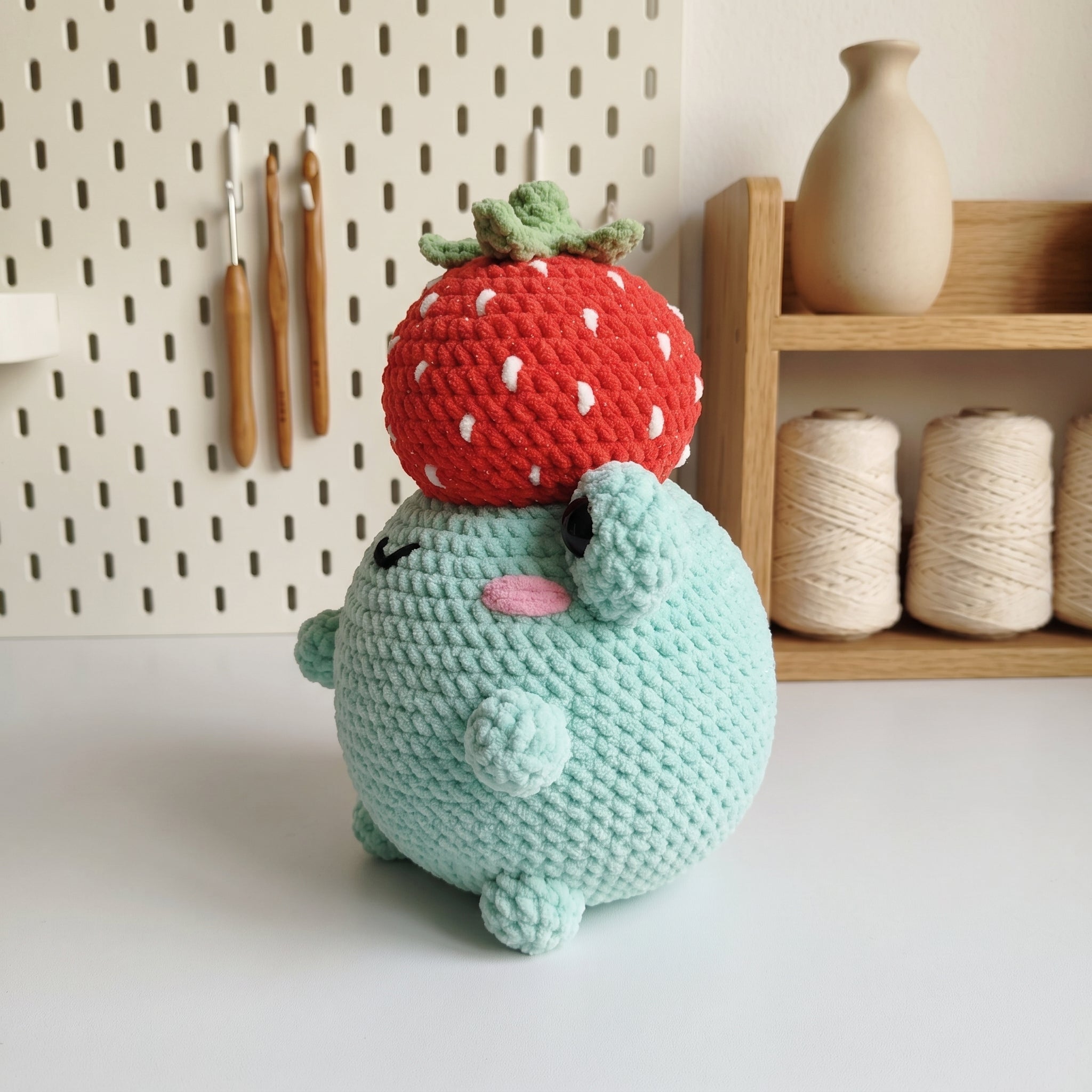 Frog Crochet Pattern, Cute Frog Wearing Strawberry Hat Amigurumi Tutorial