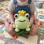 Handmade Crochet Frog Prince Plush, Green Amigurumi Frog with Crown, Soft Stuffed Animal, Frog Lover Gift, Fairytale Nursery Decor
